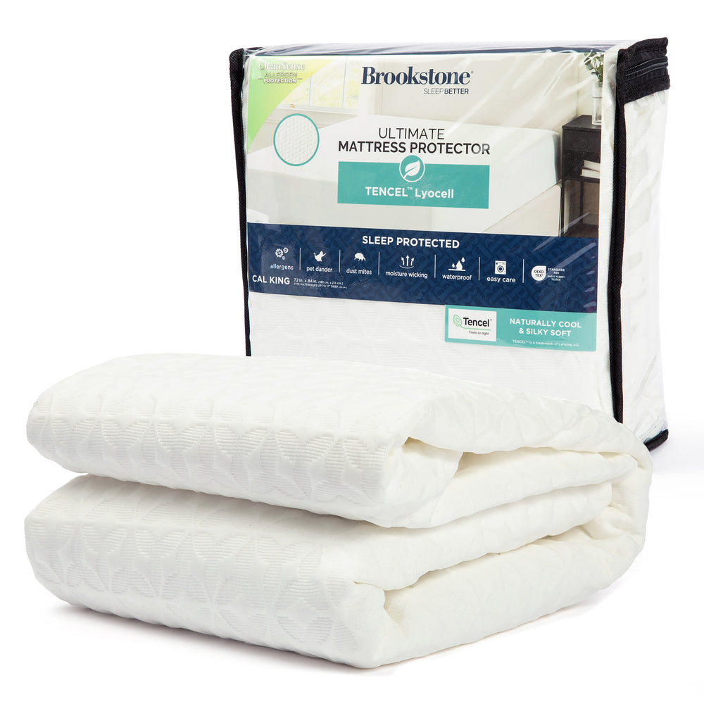 White mattress protector with Brookstone branding on a white background
